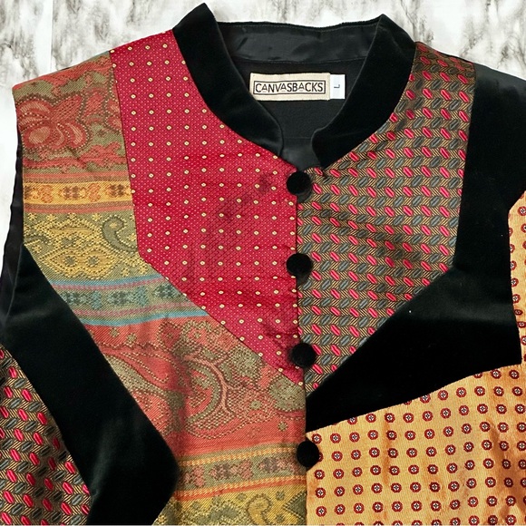 Vintage 80s 90s Silk Blend Patchwork Vest Sz L Boho Retro Tapestry Dark Acedemia - Picture 3 of 8